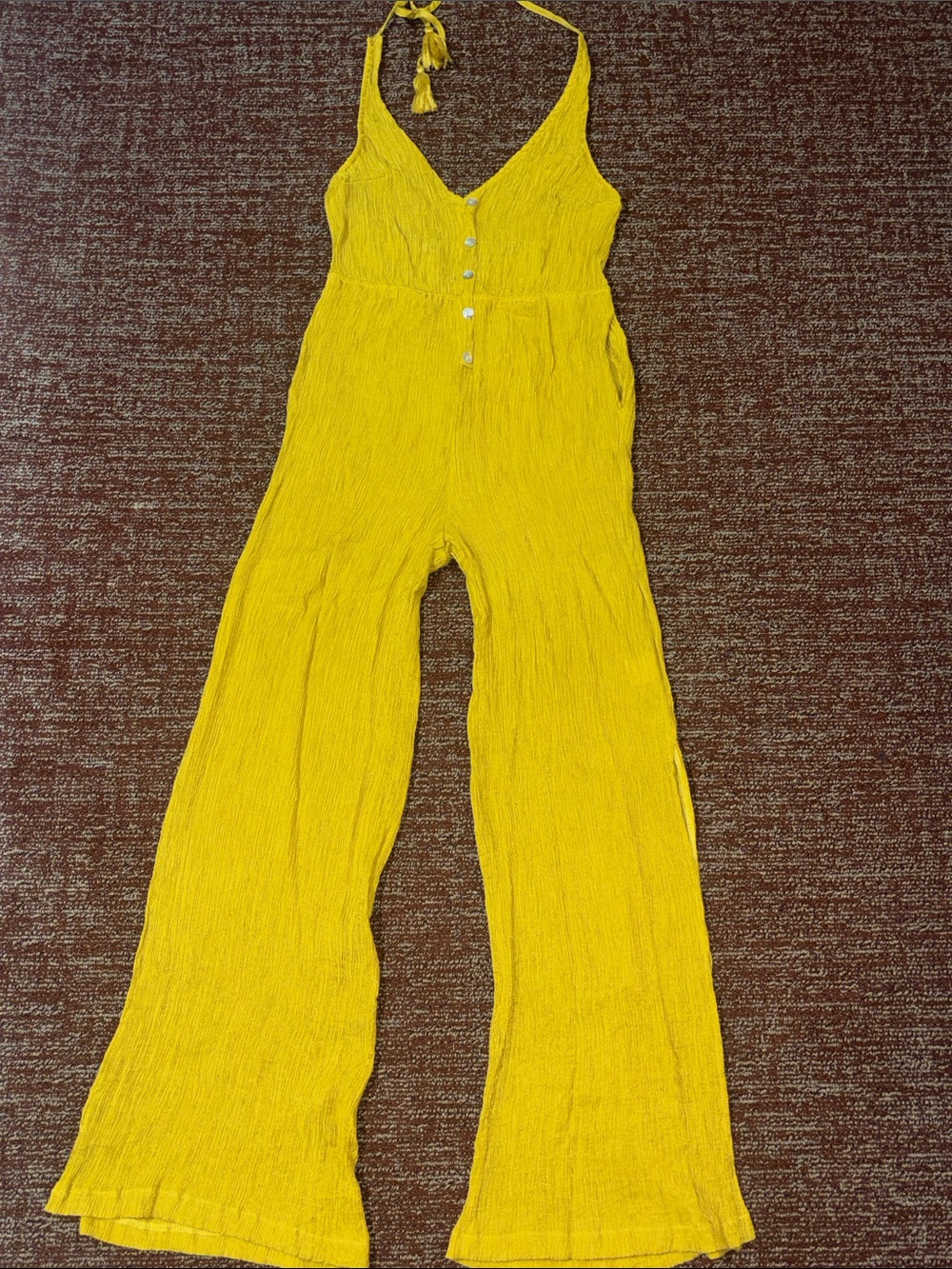 Morrisday the label chartreuse green metallic crepe halter v neck jumpsuit small